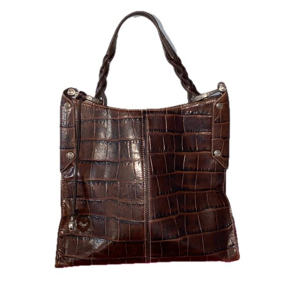 Brighton Handbags - Brighton Hobo Shoulder Tote Bag in Croc Embossed Chocolate Brown Leather